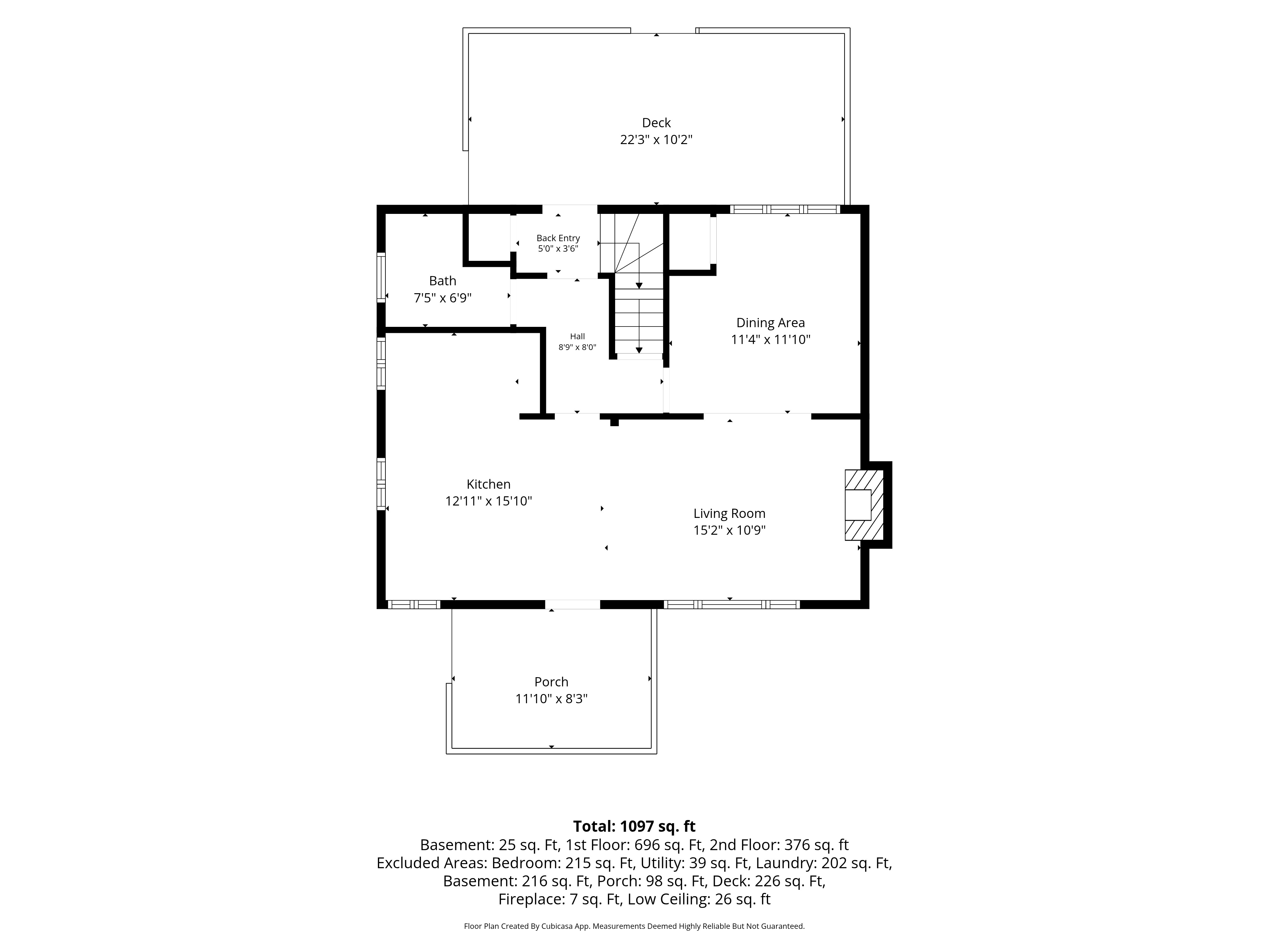 Main floor plan — kitchen, living room, dining area, bath, back entry, porch and deck