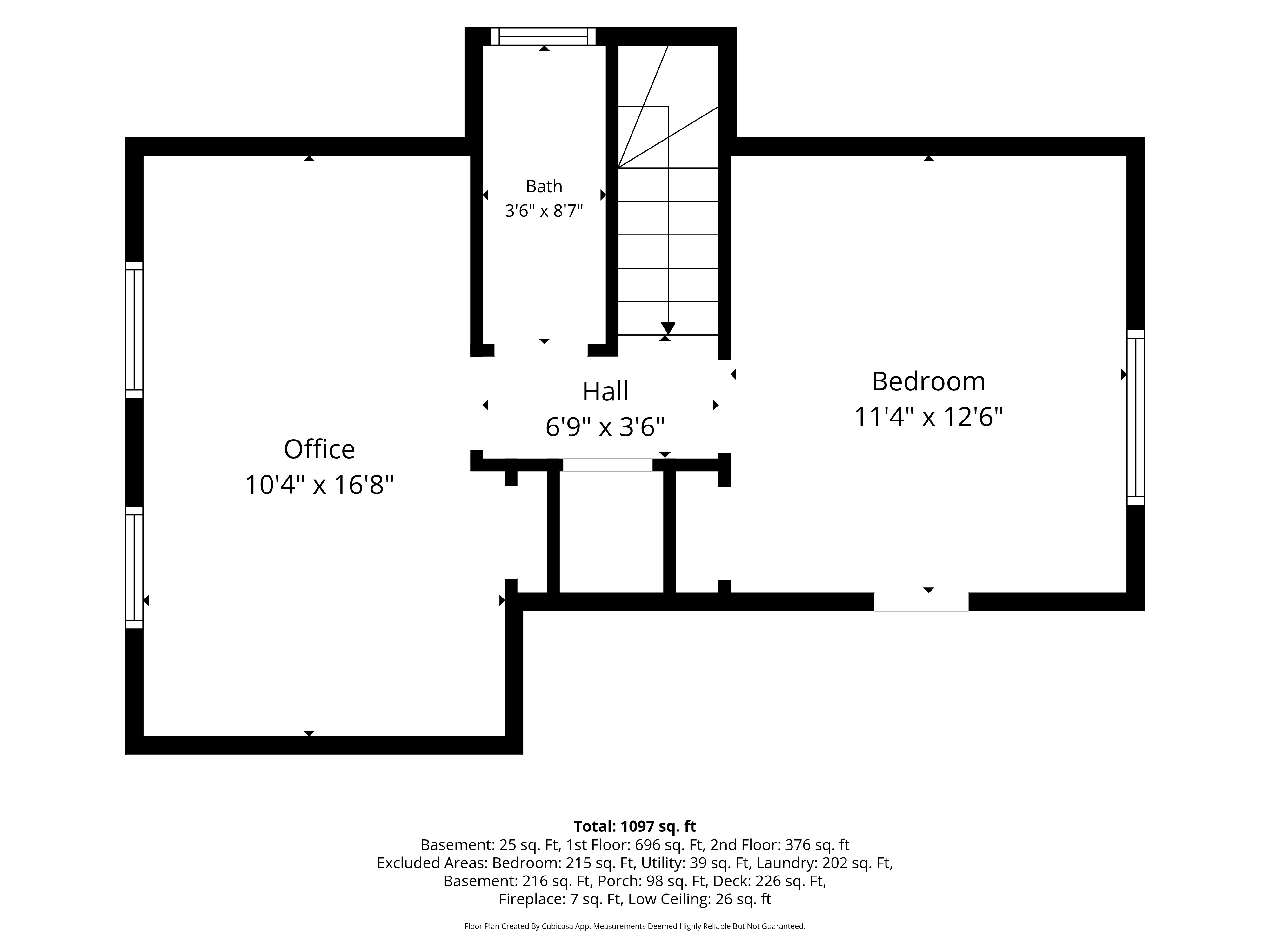 Second floor plan — bedroom, office, bath and hall